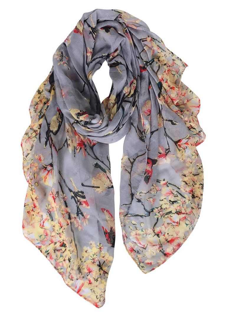GERINLY Floral Birds Work Scarves for Womens Lightweight Cotton Shawls and Wraps Soft Thin Neckwear Head Scarf (Grey) - Image 1